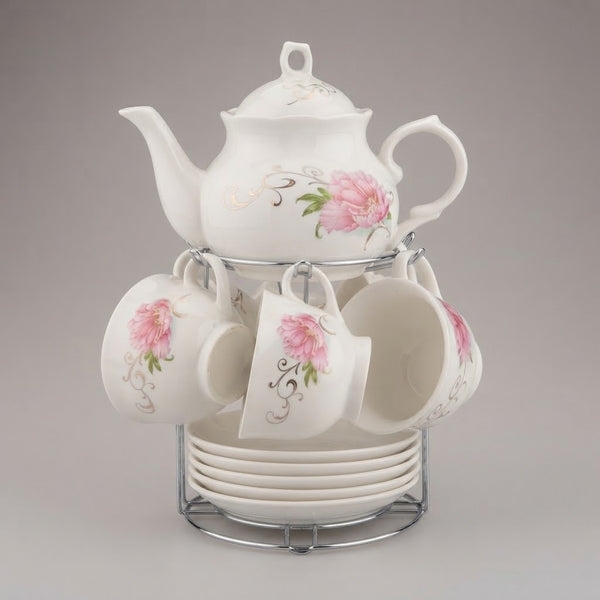 Classic White Floral Ceramic Tea Set with Teapot, Cups, Saucers & Metal Stand