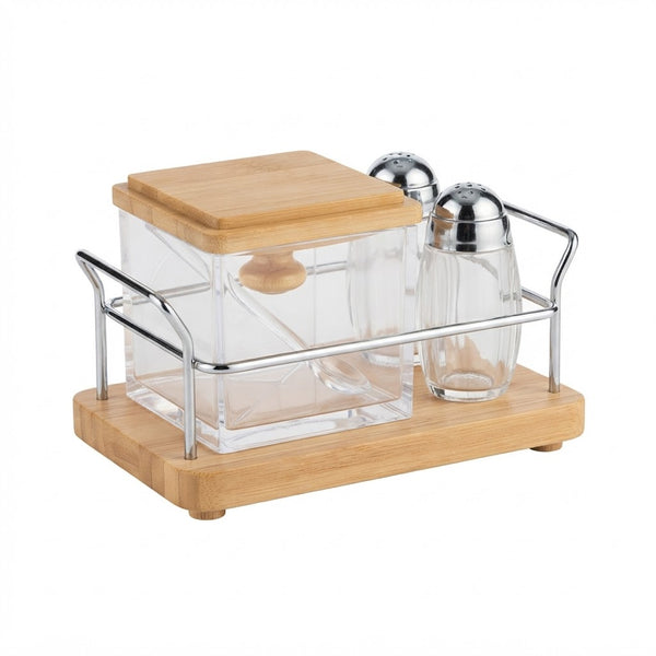Wooden Base Condiment Jar and Salt & Pepper Shaker Set with Metal Frame