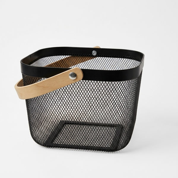 Modern Metal Mesh Storage Basket with Wooden Handle