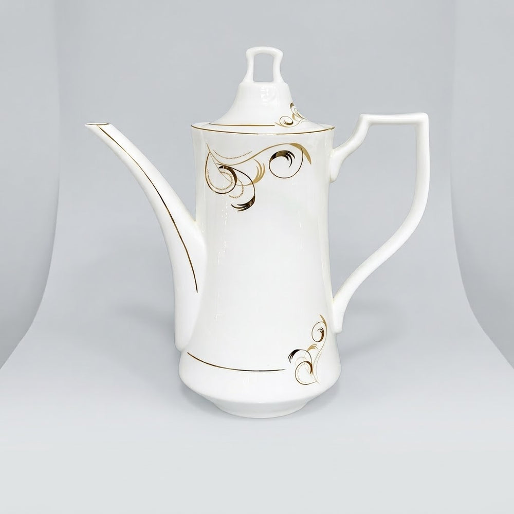 Elegant White Ceramic Teapot / Coffee Pot with Silver Swirl Motifs