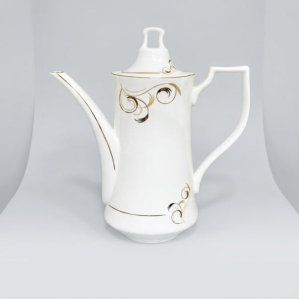 Elegant White Ceramic Teapot / Coffee Pot with Silver Swirl Motifs