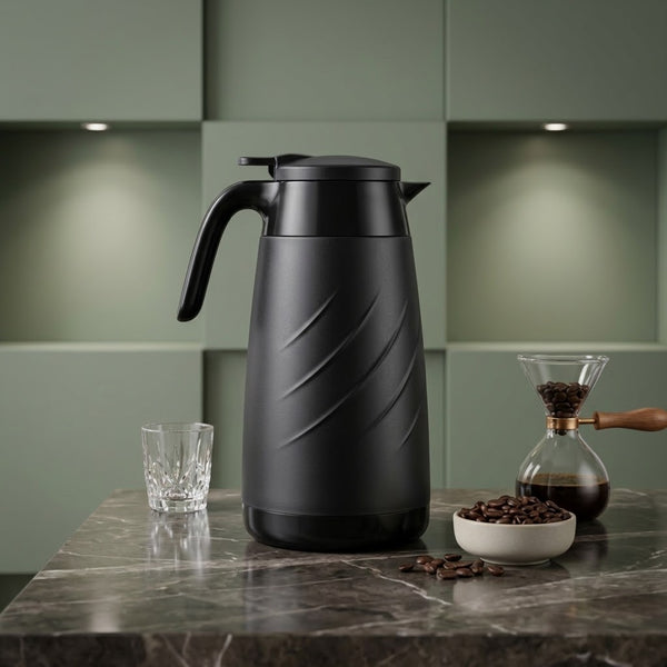 Lavidar Matte Black Diagonal Grooved Vacuum Flask / Thermal Tea Pot