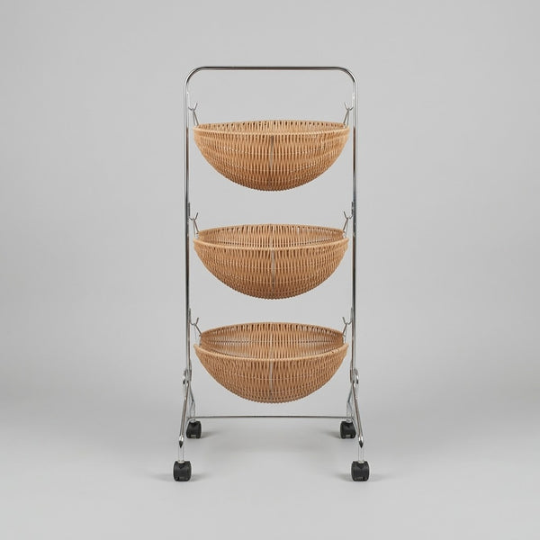 3-Tier Woven Basket Kitchen Storage Trolley Cart with Wheels