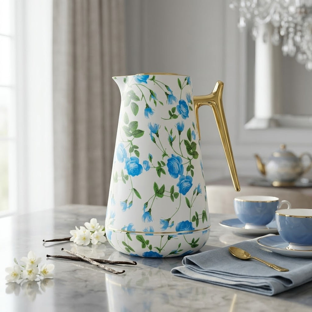 Regal Blue Floral Print Vacuum Flask / Thermal Tea Pot with Gold Handle