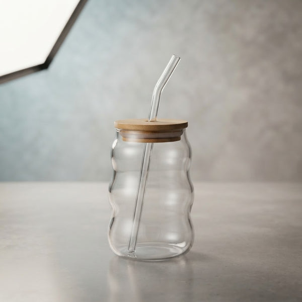 Ripple Glass Tumbler with Bamboo Lid and Straw