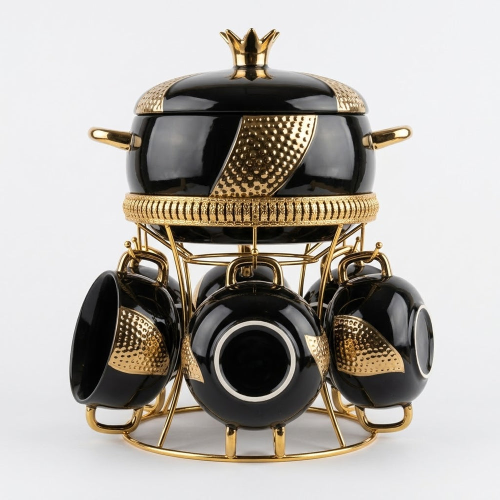 Luxury Black & Gold Ceramic Soup Tureen Set with Crown Lid & Hanging Bowls on Rack