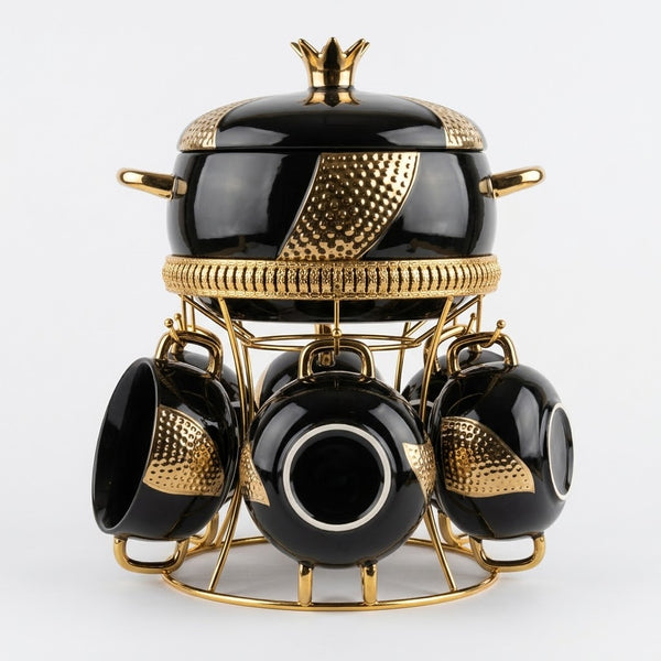 Luxury Black & Gold Ceramic Soup Tureen Set with Crown Lid & Hanging Bowls on Rack
