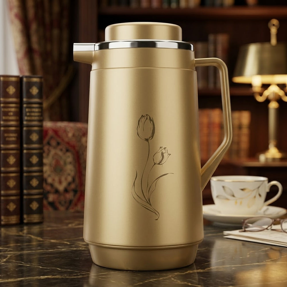 Metallic Gold Vacuum Flask / Thermal Tea Pot with Tulip Line Art Print