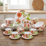 Premium Floral Opalware Dinner Set with Matching Tea Set & Casseroles (Orange Floral Design)