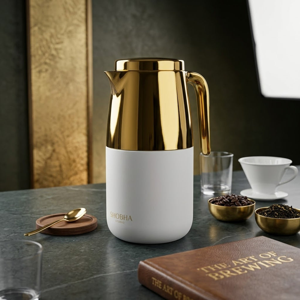 White & Gold Dual-Tone Vacuum Flask / Thermal Tea Pot