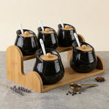 Black Marble Ceramic Spice Jar Container Set with Wooden Lids & Tray (7-Piece)
