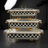 Luxury Black & White Checkerboard Ceramic Chafing Dish Set with Gold Warmer Stands (Set of 3)