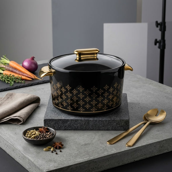 Royal Black & Gold Patterned Insulated Hotpot / Casserole