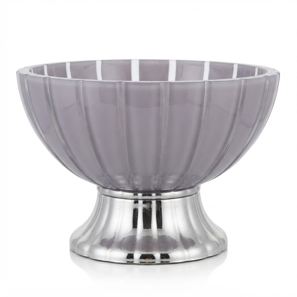 Grey Fluted Glass Fruit Bowl with Metallic Silver Pedestal Base