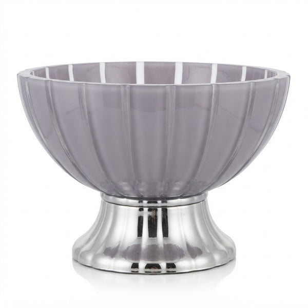 Grey Fluted Glass Fruit Bowl with Metallic Silver Pedestal Base