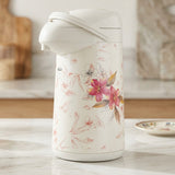 White Airpot Vacuum Flask / Thermal Beverage Dispenser with Pink & Peach Floral Art
