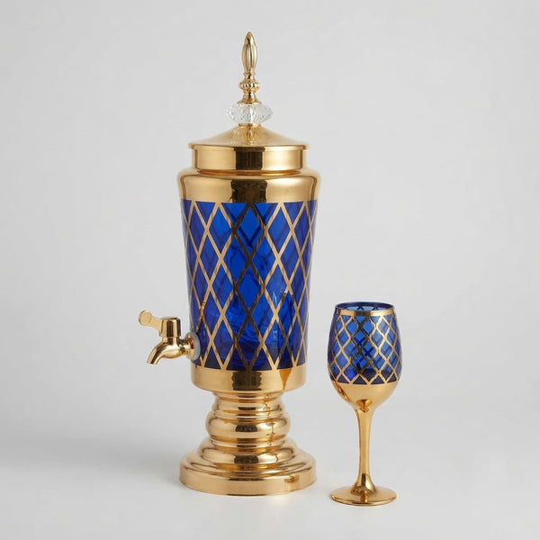 Luxury Royal Blue & Gold Crystal Beverage Dispenser Set with Matching Stemmed Glasses