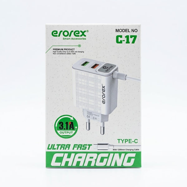 Erorex G-17 3.1A Ultra Fast Charger with Type-C Cable