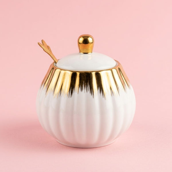White Ceramic Sugar Pot With Gold Lines And Spoon