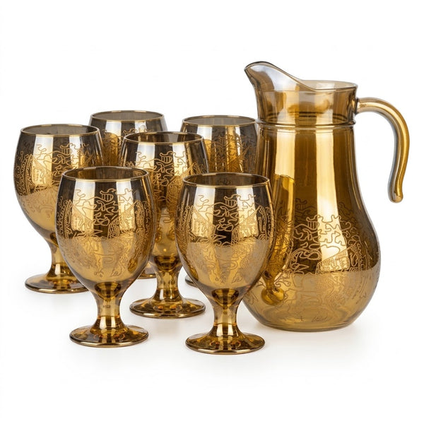 Metallic Smoke / Amber Goblet Glass and Pitcher Set with Fine Patterning (Jug with 6 glass)