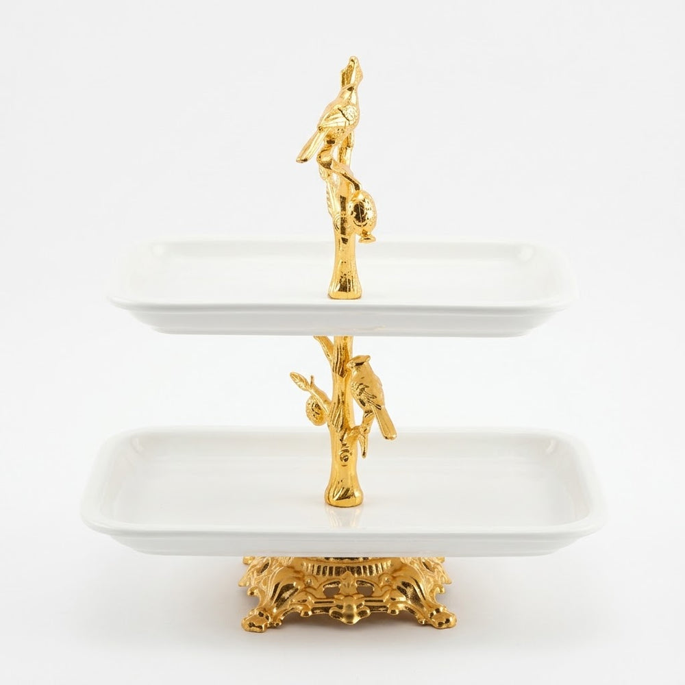 2-Tier White Ceramic Rectangular Tray Stand with Golden Bird Design
