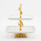 2-Tier White Ceramic Rectangular Tray Stand with Golden Bird Design