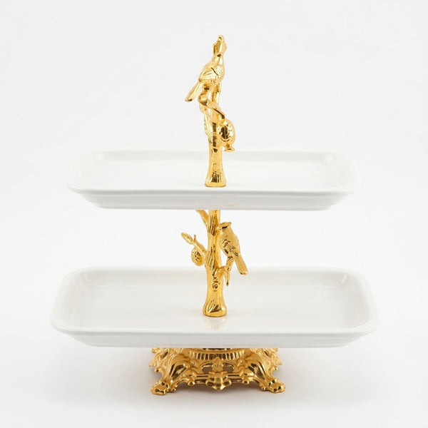 2-Tier White Ceramic Rectangular Tray Stand with Golden Bird Design