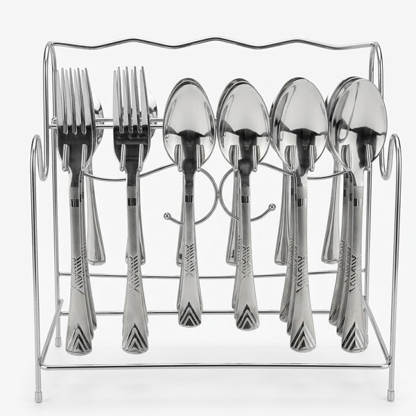 Stainless Steel Cutlery Set with Textured Handle and Stand