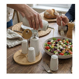 Ceramic Oil Bottle & Salt Pepper Shaker Set with Wooden Base Stand