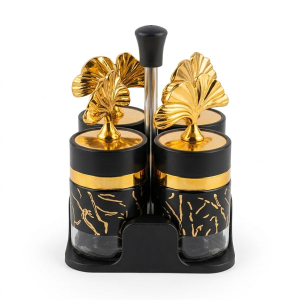 Black Gold Leaf Top Glass Spice Container Set With Stand