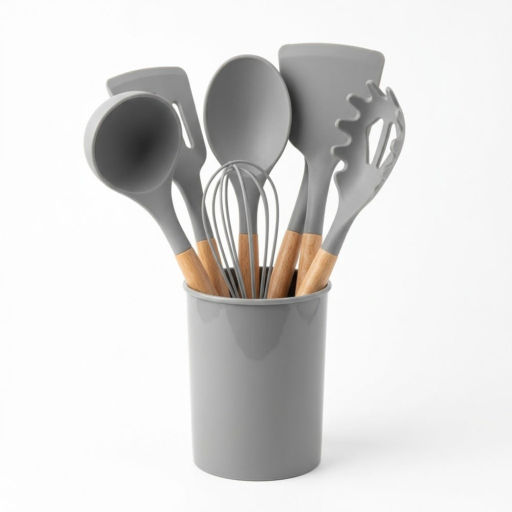 Grey Silicone Kitchen Utensil Set with Wooden Handles in Storage Holder