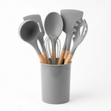 Grey Silicone Kitchen Utensil Set with Wooden Handles in Storage Holder