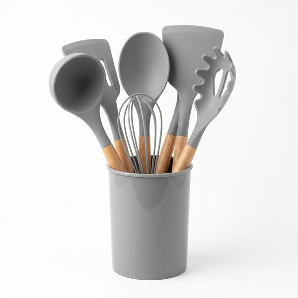 Grey Silicone Kitchen Utensil Set with Wooden Handles in Storage Holder