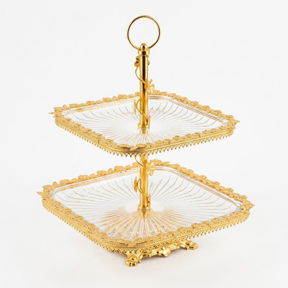 2-Tier Golden Rimmed Square Glass Cake & Serving Stand