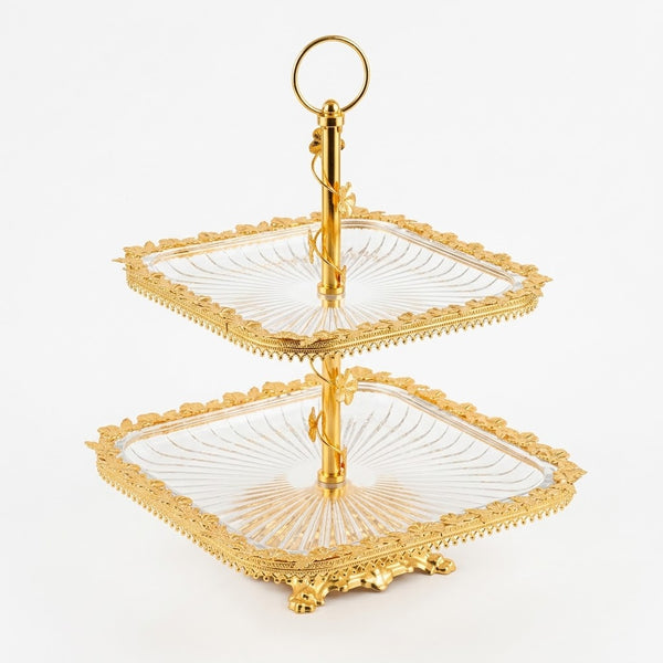 2-Tier Golden Rimmed Square Glass Cake & Serving Stand