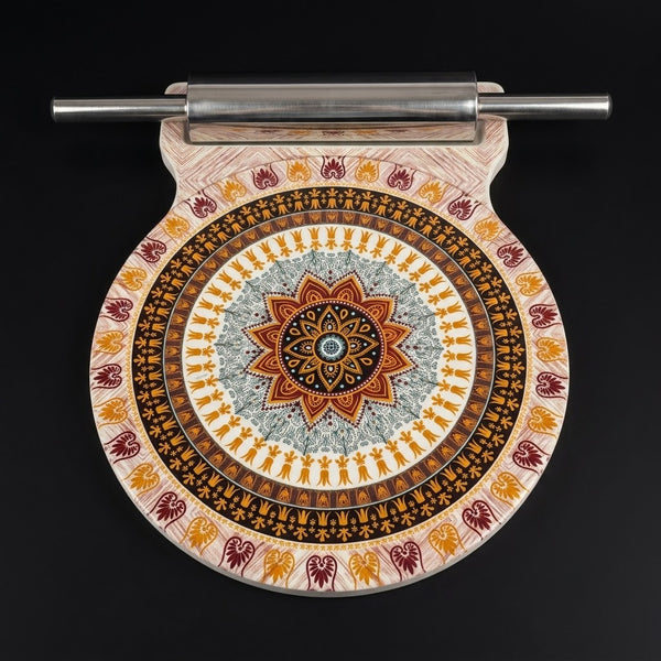 Printed Ceramic Roti Rolling Board (Chakla) with Stainless Steel Rolling Pin (Belan)
