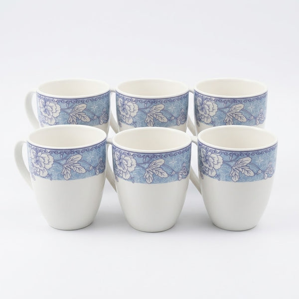 White Ceramic Mug with Blue Floral Border Print (6 Pieces Set)