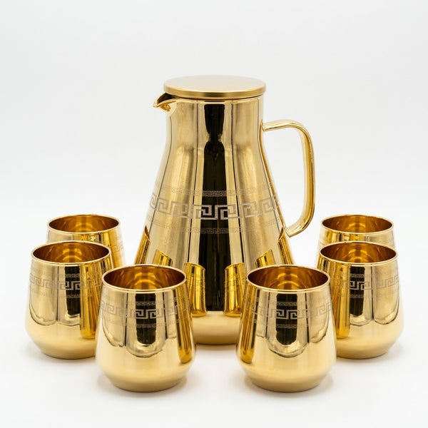 Premium Gold Electroplated Glass Water Jug and Glass Set with Greek Key Design (Jug with 6 glass)
