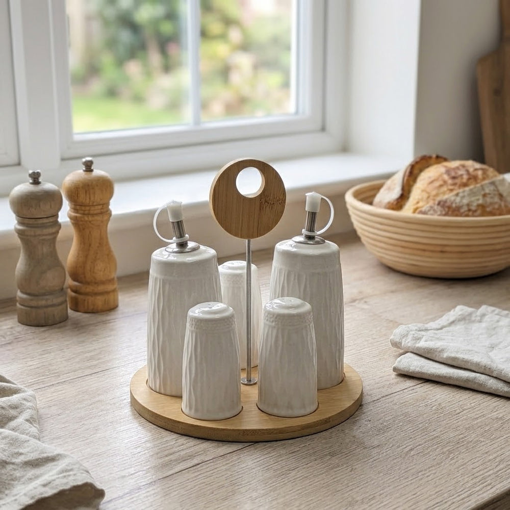 Ceramic Oil Bottle & Salt Pepper Shaker Set with Wooden Base Stand