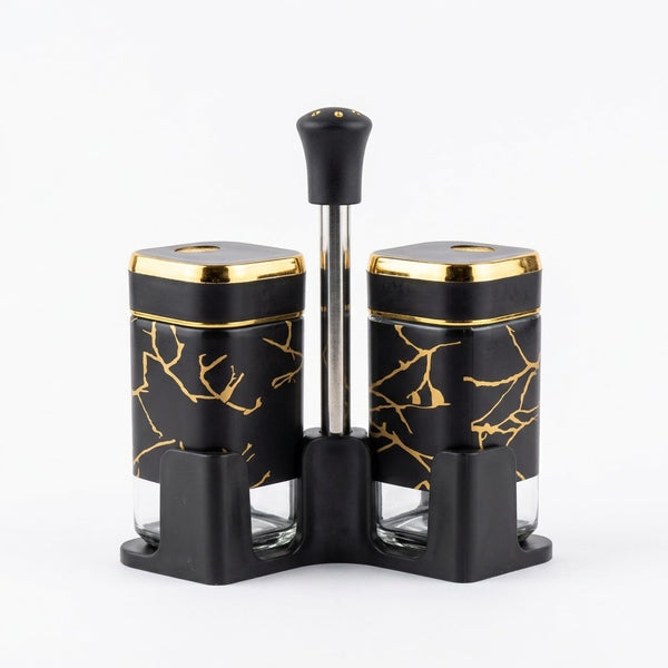 Black And Gold Marble Design Salt And Pepper Shaker Set With Handle Stand