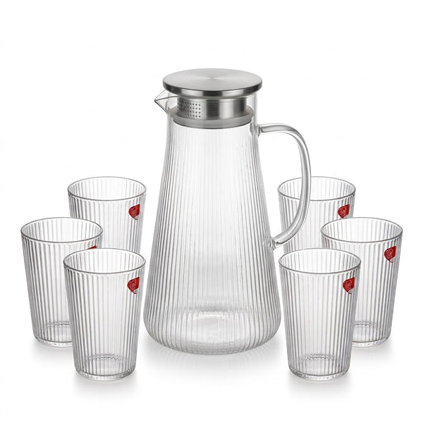 Ribbed Glass Water Pitcher with Stainless Steel Lid and Tumbler Set (Jug with 6 glass)