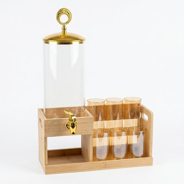 Golden Glass Juice Dispenser Set with Wooden Stand
