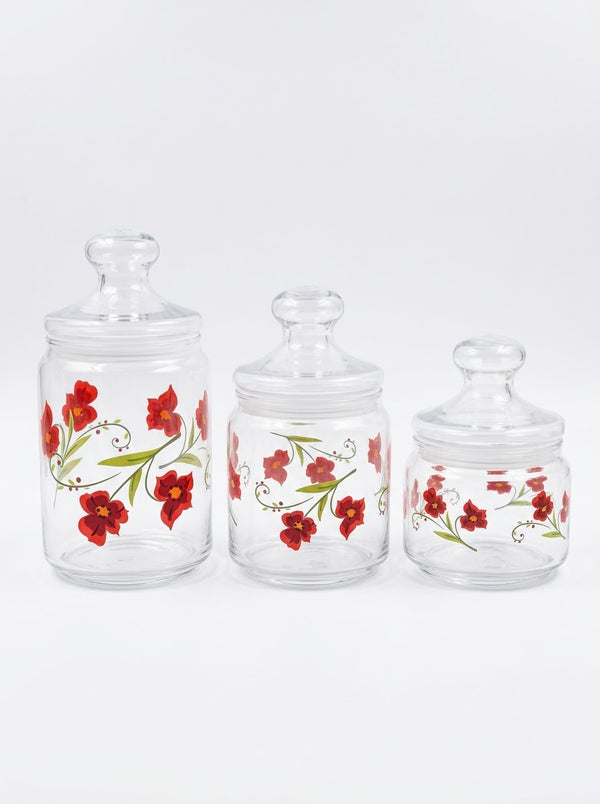 Luminarc Red Floral Glass Storage Jars Set with Lids