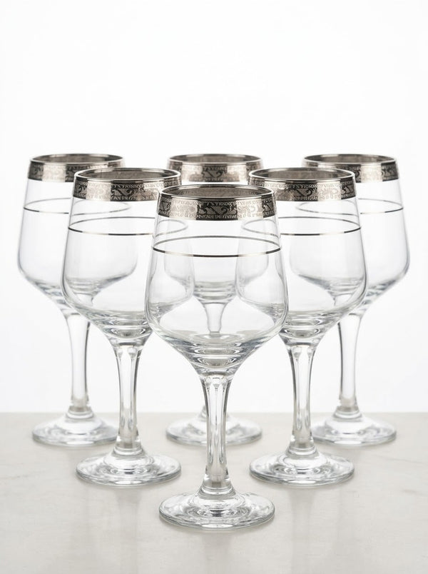 Clear Glass Goblet with Silver Rim & Band Design (6 Pieces Set)