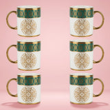 White Ceramic Tea Mug with Green & Gold Mandala Pattern (6 Pieces Set)