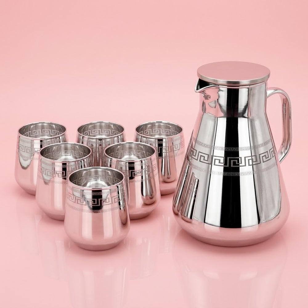 Silver Metallic Glassware Water Pitcher Set with Greek Key Pattern Border (Jug with 6 glass)