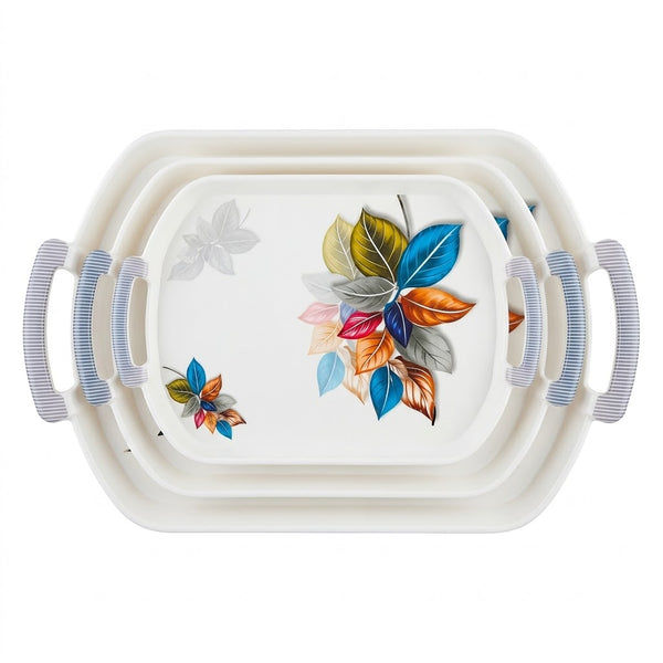 Colorful Leaves Printed Oval Serving Tray Set With Striped Handles