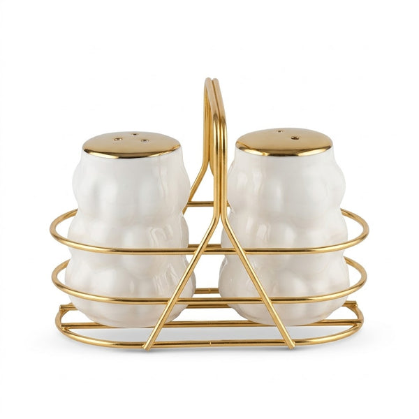 White Bubble Design Salt And Pepper Shaker Set With Gold Stand
