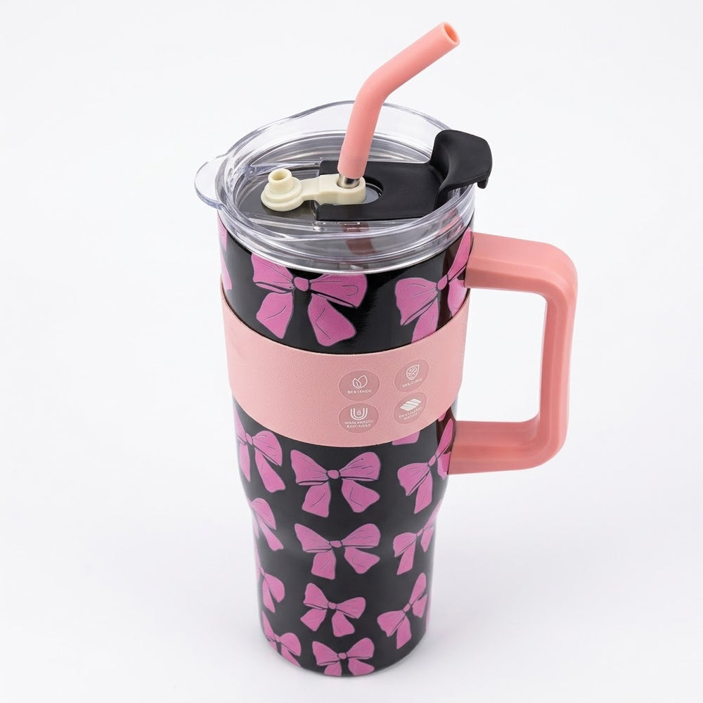 Black and Pink Bow Print Insulated Tumbler Mug with Handle and Straw