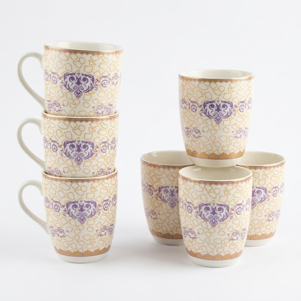 Purple & Yellow Damask Pattern Ceramic Tumbler / Cup (6 Pieces Set)
